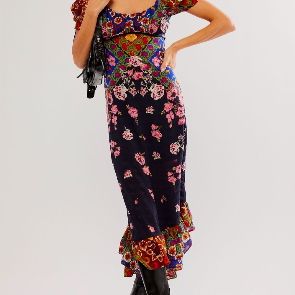 Free People Floral Midi Dress - Black, Pink, Green
